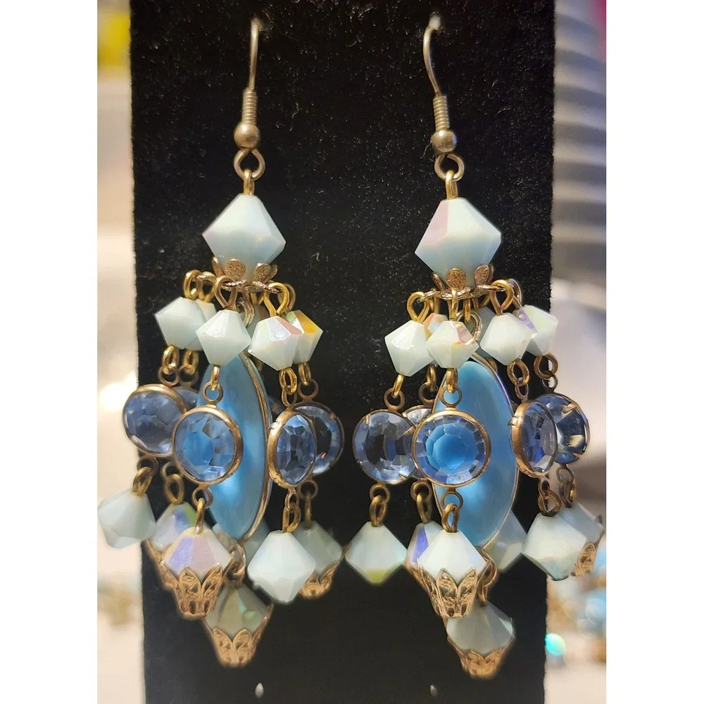 VTG Alice Caviness Blue Aurora Borealis 3 Strand Necklace Chandelier Earrings